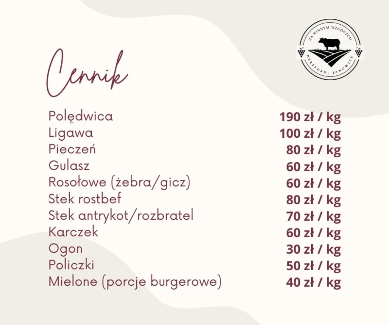 Wołowina Hereford polędwica, ligawa, gulasz, steki, mięso do burgerów etc