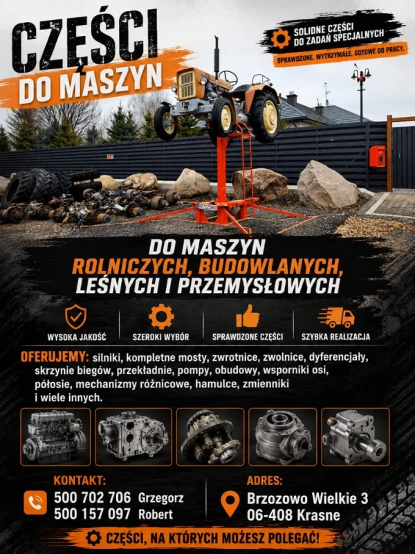 silnik, kompletny most, zwrotnica, zwolnica, dyferencjał, skrzynia biegów, przekładnia, pompa, obudowa, wspornik osi, półosie, mechanizmy różnicowe, hamulce